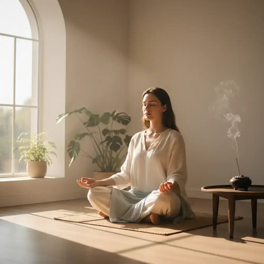 Person practicing meditation in a peaceful, sunlit room
