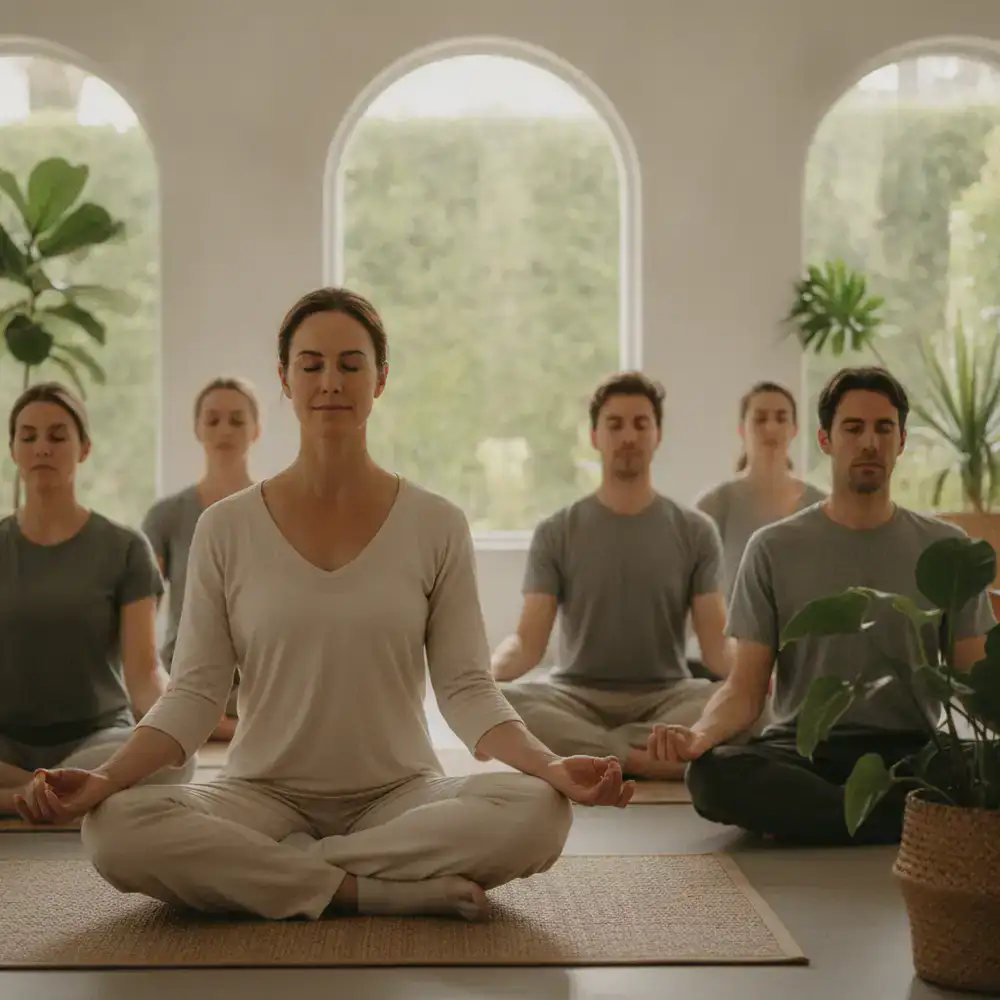 A serene yoga instructor leading a peaceful meditation session