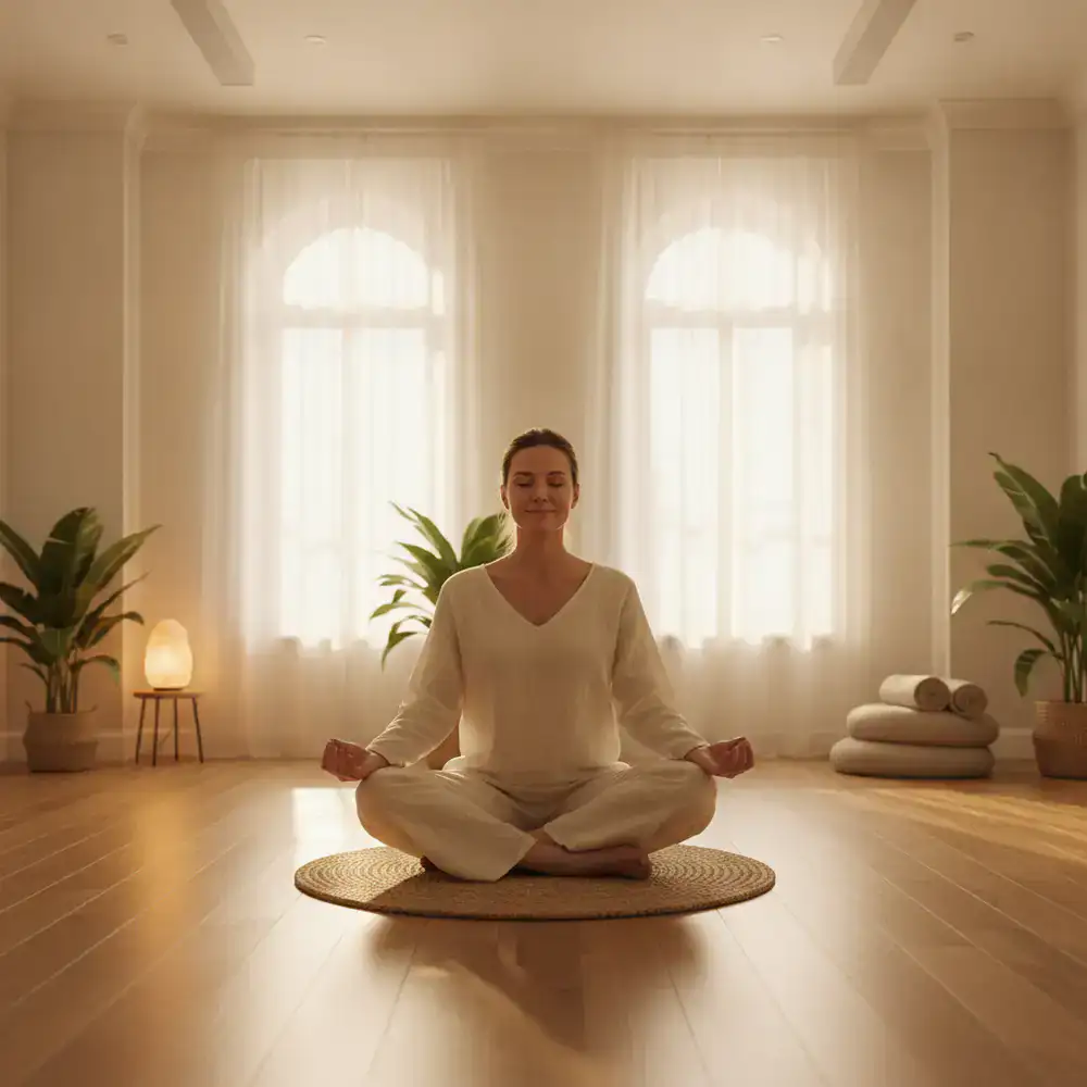 Instructor demonstrating a seated meditation pose in a softly lit room