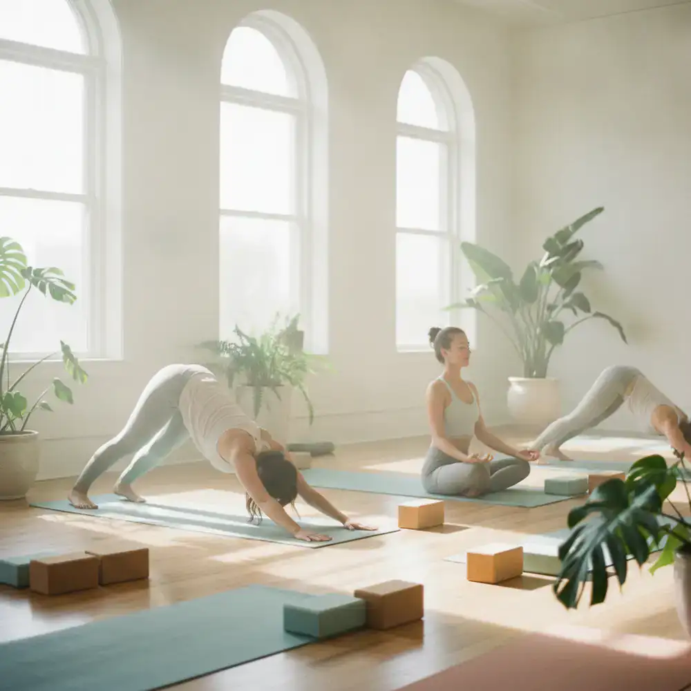 Soft natural light filtering into the yoga studio