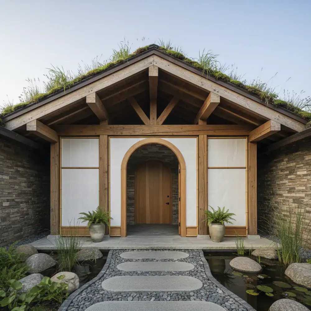 Peaceful studio entrance with natural materials